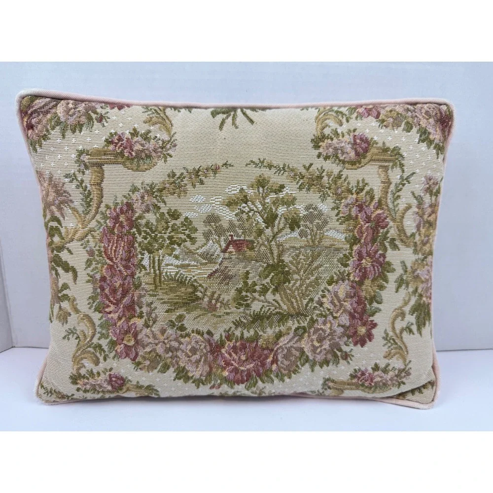Vintage Floral Tapestry Throw Pillow Pastoral Cottage Scene Pink Roses 11x8.5
